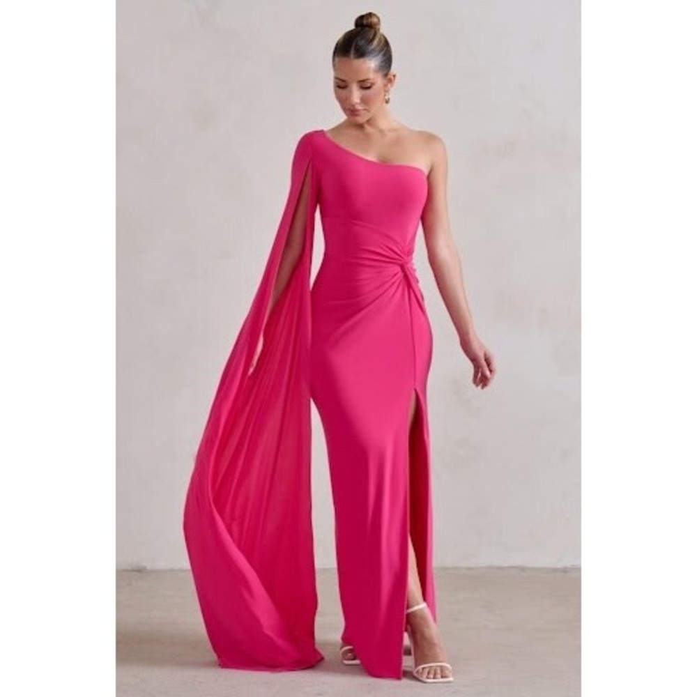Club L London Romi Hot Pink One Shoulder Twist Maxi Dress Gown Size UK 20 US 16